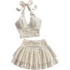 imageMakeMeChic Womens Summer 2 Piece Sets Halter Tops Ruffle Mini Skirt Set Tiered Layered SkortBeige