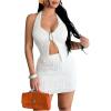 imageMakeMeChic Womens Summer Y2k 2 Piece Outfits Backless Ring Split Halter Tops and Bodycon Mini Skirts SetWhite