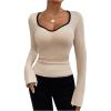 imageMakeMeChic Womens Sweetheart Neck Long Sleeve T Shirt Rib Knitted Contrast Binding Tee TopApricot