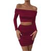 imageMakeMeChic Womens Two Piece Outfits Off Shoulder Crop Top and Ruched Slim Fitted Skirt SetsBurgundy