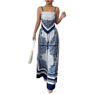 imageMakeMeChic Womens 2 Piece Boho Outfit Paisley Print Tie Backless Crop Tops and Wide Leg Pants Matching SetBlue