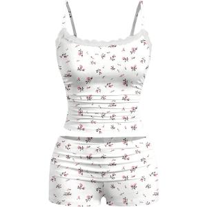 imageMakeMeChic Womens 2 Piece Cute Pajama Set Cartoon Print Ruched Cami Crop Tops and Shorts Lounge SetsWhite