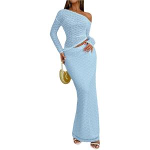 imageMakeMeChic Womens 2 Piece Fall Outfits Long Sleeve Asymmetrical Tops and Bodycon Maxi Skirt Matching SetsBlue