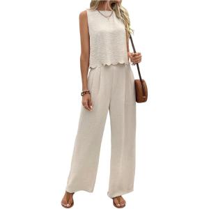 imageMakeMeChic Womens 2 Piece Linen Outfit Bow Tie Back Crew Neck Tank Tops and Wide Leg Pants SetApricot