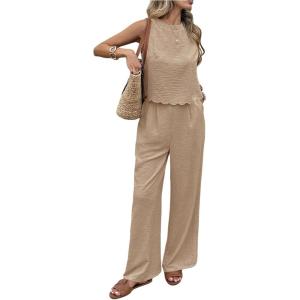 imageMakeMeChic Womens 2 Piece Linen Outfit Bow Tie Back Crew Neck Tank Tops and Wide Leg Pants SetKhaki