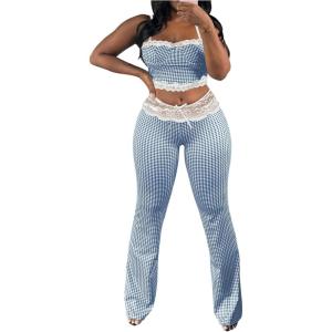 imageMakeMeChic Womens 2 Piece Outfit Gingham Lace Trim Cami Crop Top and Pants SetsBlue and White