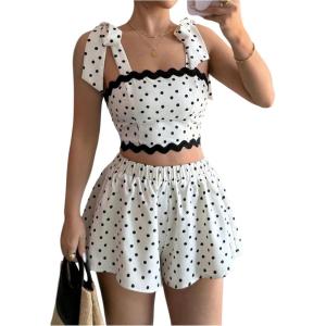 imageMakeMeChic Womens 2 Piece Outfit Polka Dots Tie Shoulder Shirred Crop Tops and Shorts SetMulticolor
