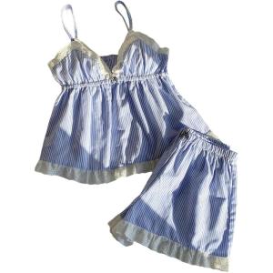 imageMakeMeChic Womens 2 Piece Outfit Striped V Neck Ruffle Cami and Shorts Matching SetBlue