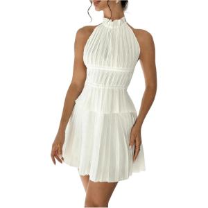imageMakeMeChic Womens 2 Piece Outfits Tie Backless Halter Tops and Pleated Mini Skirt SetsWhite