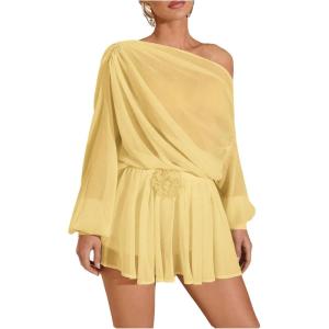 imageMakeMeChic Womens 2 Piece Party Outfit Asymmetrical Neck Lantern Sleeve Blouse and Floral Shorts SetYellow