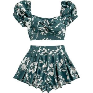 imageMakeMeChic Womens 2 Piece Summer Outfit Floral Bow Tie Back Puff Sleeve Twist Crop Tops and Shorts SetMulticolor