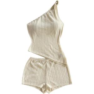 imageMakeMeChic Womens 2 Piece Summer Outfit One Shoulder Twist Asymmetrical Crop Tops and Shorts SetWhite