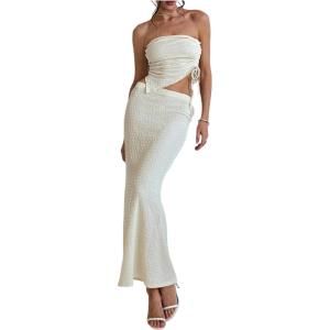 imageMakeMeChic Womens 2 Piece Summer Outfit Textured Ruched Bandeau Crop Tops and Bodycon Skirt SetApricot