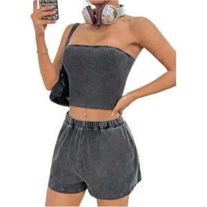 imageMakeMeChic Womens 2 Piece Summer Outfits Strapless Cropped Tube Top and Wide Leg High Waist Shorts SetGrey a