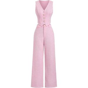 imageMakeMeChic Womens 2 Piece Work Outfits Plaid V Neck Button Down Vest Crop Tops and Wide Leg Pants SetPink
