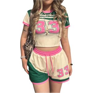 imageMakeMeChic Womens 2 Piece Y2k Outfit Letter Print Crew Neck Crop Tops and Shorts SetMulticolor