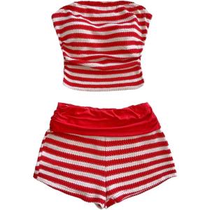 imageMakeMeChic Womens 2 Piece Y2k Outfits Striped Strapless Ruched Tube Crop Tops and Shorts SetMulticolor