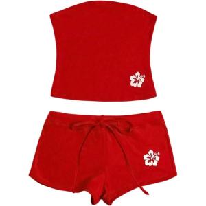 imageMakeMeChic Womens 2 Piece Y2k Outfits Striped Strapless Ruched Tube Crop Tops and Shorts SetRed