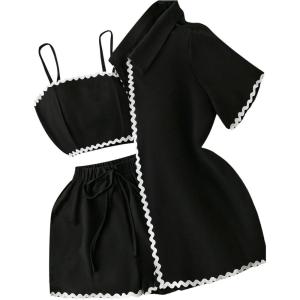 imageMakeMeChic Womens Beach Vacation Outfits Shirred Crop Top and Shorts Set with ShirtBlack