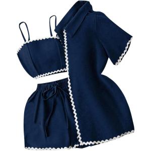 imageMakeMeChic Womens Beach Vacation Outfits Shirred Crop Top and Shorts Set with ShirtBlue