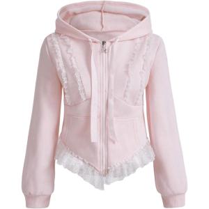 imageMakeMeChic Womens Fall Tops Floral Lace Frill Trim Sweatshirts Long Sleeve Zip Up HoodiesPink