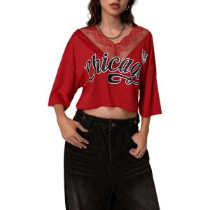 imageMakeMeChic Womens Graphic Crop Top Lace Trim V Neck Half Sleeve Y2k Jersey ShirtsRed