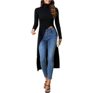 imageMakeMeChic Womens High Neck Long Sleeve T Shirt Asymmetrical High Low Hem Plain Tee Tops Black Small