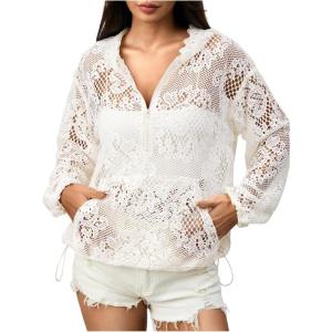 imageMakeMeChic Womens Lace Sheer Hollow Out Hooded Sweatshirts Half Zip Loose Hoodie TopsWhite