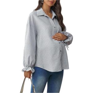 imageMakeMeChic Womens Maternity Blouse Fall Striped Long Sleeve Pregnancy Button Down ShirtsBlue a