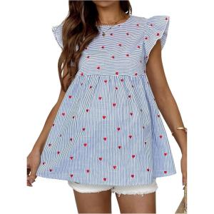 imageMakeMeChic Womens Maternity Blouses Pregnancy Shirt Striped Print Ruffle Sleeveless Summer Peplum TopBlue