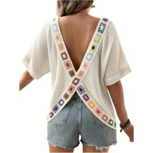 imageMakeMeChic Womens Maternity Summer Clothes Floral Half Sleeve Crew Neck Backless Boho Pregnancy Knit TopsApricot