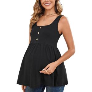 imageMakeMeChic Womens Maternity Tank Top Square Neck Button Front Ruffle Sleeveless Pregnancy ShirtBlack