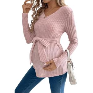 imageMakeMeChic Womens Maternity Tee Shirt Long Sleeve V Neck Rib Knitted Belted Casual Pregnancy TopsPink