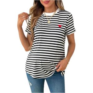 imageMakeMeChic Womens Maternity Tee Striped Crew Neck Short Sleeve Pregnancy T Shirt TopsBlack