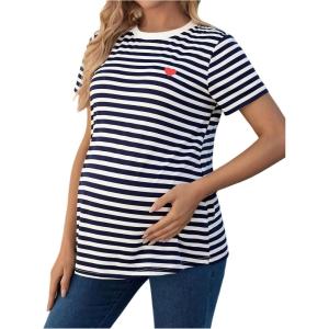 imageMakeMeChic Womens Maternity Tee Striped Crew Neck Short Sleeve Pregnancy T Shirt TopsBlue