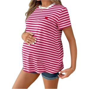 imageMakeMeChic Womens Maternity Tee Striped Crew Neck Short Sleeve Pregnancy T Shirt TopsHot Pink