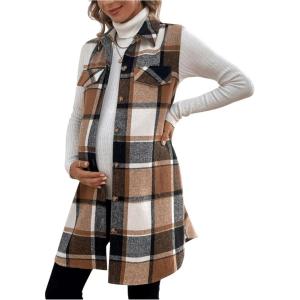imageMakeMeChic Womens Maternity Vest Outerwear Plaid Print Collared Button Down Pregnancy Midi CoatBrown
