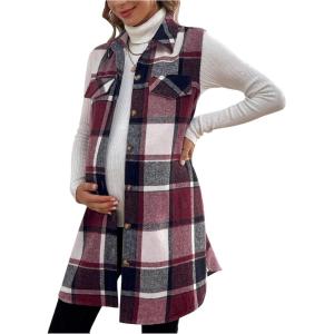 imageMakeMeChic Womens Maternity Vest Outerwear Plaid Print Collared Button Down Pregnancy Midi CoatRedwood