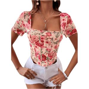 imageMakeMeChic Womens Mesh Floral Square Neck Blouse Short Sleeve Bustier Blouses Crop TopMulticolor