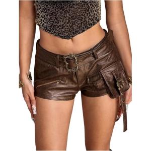 imageMakeMeChic Womens PU Leather Mini Shorts Straight Leg Vintage Cowgirl Fall ShortsBrown