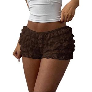 imageMakeMeChic Womens Ruffle Shorts Crochet Tiered Layered Summer Beach Micro ShortsMesh Brown