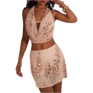 imageMakeMeChic Womens Sequin Skirt Sets Glitter Draped Halter Mesh Top and Mini Skirts 2 Piece Party OutfitsChampagne