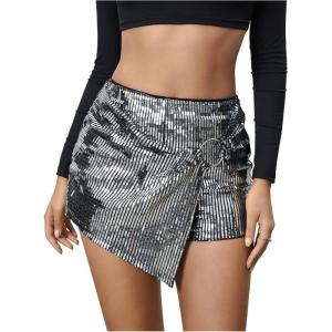 imageMakeMeChic Womens Sequin Skort Metallic Ring Linked Wrap Front Y2K Rave Sparkly Shorts SkortsSilver