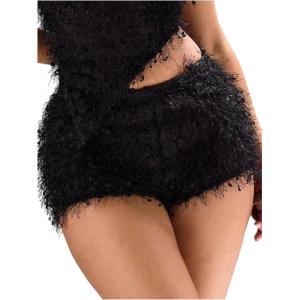 imageMakeMeChic Womens Striped Shorts Crochet Knit Pajama Micro Mini Boxer Lounge Shorts Summer BottomsBlack