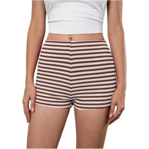 imageMakeMeChic Womens Striped Shorts Crochet Knit Pajama Micro Mini Boxer Lounge Shorts Summer BottomsBrown B