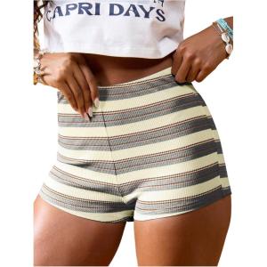 imageMakeMeChic Womens Striped Shorts Crochet Knit Pajama Micro Mini Boxer Lounge Shorts Summer BottomsGrey and Beige