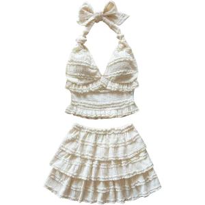 imageMakeMeChic Womens Summer 2 Piece Sets Halter Tops Ruffle Mini Skirt Set Tiered Layered SkortApricot