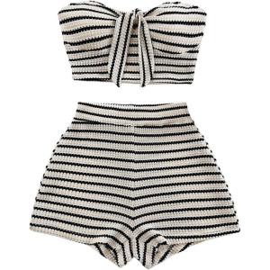 imageMakeMeChic Womens Summer 2 Piece Sets Striped Strapless Bandeau Tube Crop Tops Shorts SetBlack White