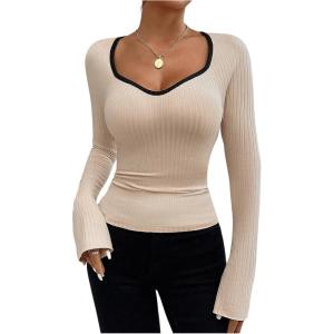 imageMakeMeChic Womens Sweetheart Neck Long Sleeve T Shirt Rib Knitted Contrast Binding Tee TopApricot
