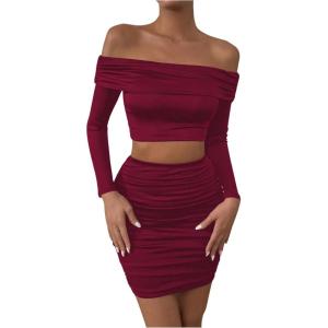 imageMakeMeChic Womens Two Piece Outfits Off Shoulder Crop Top and Ruched Slim Fitted Skirt SetsBurgundy